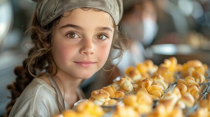 A young girl in a baker's hat smiles proudly in front of a tray of freshly baked pastries, showcasing culinary skills.
