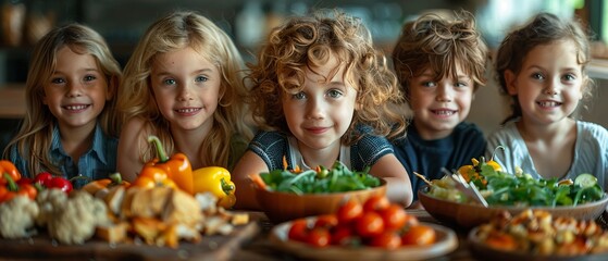 Cheerful group of children smiling around a table filled with colorful and healthy dishes, celebrating food and friendship.