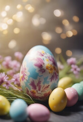 White Easter bunny rabbits in different poses and pastel Easter eggs vector illustration