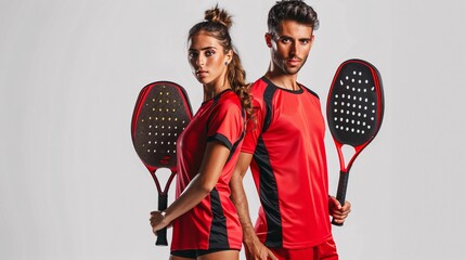 A duo of padel players with rackets, a man and a woman, isolated on a white background for a sports app.