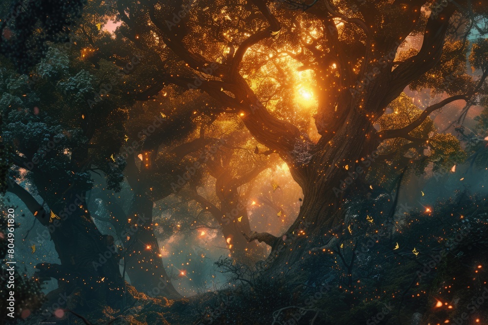Poster a magical forest at twilight, ethereal light filtering through trees, fairies dancing around an anci