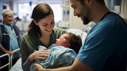Joyful expressions on the faces of a young family as they cuddle their newborn baby in the maternity hospital, a new chapter of their lives begins.