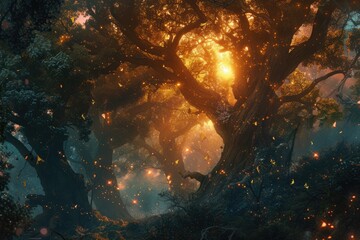 A magical forest at twilight, ethereal light filtering through trees, fairies dancing around an ancient oak. Resplendent.