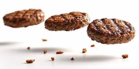 Tasty grilled beef patties dropping onto a blank surface with a mouth-watering appearance.