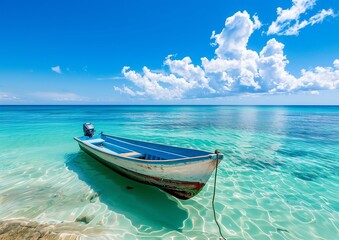 Serene Tropical Seascape with Single Boat on Crystal Clear Water
