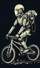 Illustration of a robot riding a bicycle, white and black background, generative AI