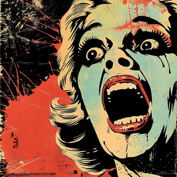 Colorful Old-Fashion Pop Art of a Woman Screaming Close-up
