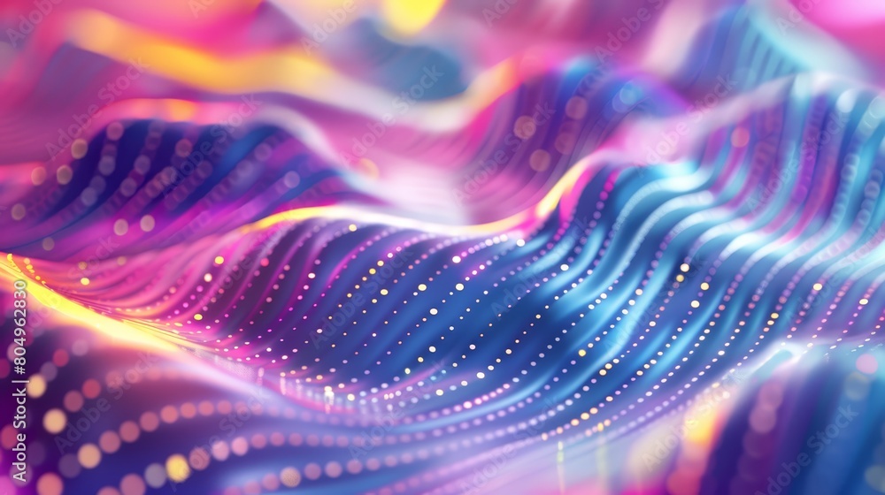 Poster a background in the style of 3d render, wavy and rippled dotted surface in shiny glowing material wi