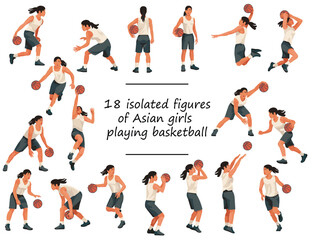 18 Asian women's basketball girl players in white uniforms standing with the ball, running, jumping, throwing, shooting, passing the ball