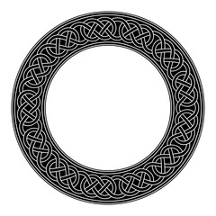 Celtic knotwork, circle frame with a decorative loop border, a pattern in typical Celtic style. Intertwined lines forming seamlessly connected sling knots. Black and white illustration. Vector