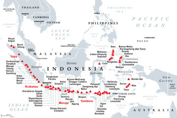 Major volcanoes in Indonesia, political map. Southeast Asian country dominated by volcanoes, formed by subduction zones, and part of Ring of Fire. Most notable are Krakatau, Merapi, Tambora and Toba.