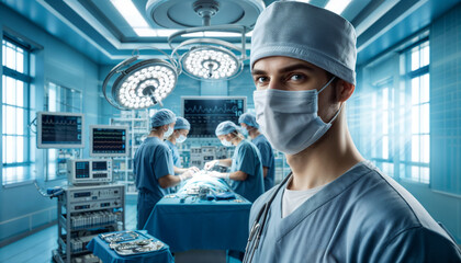  professional surgeon in a high-tech operating room, in the midst of a complex surgery.