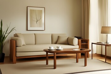 Simple neat interior. Simple sofa and table, ai, generative, 생성형, 심플한 인테리어