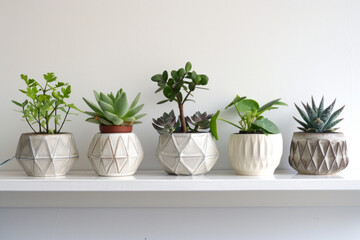 Fototapeta premium A series of minimalist ceramic plant pots with geometric patterns, arranged in a row on a white shelf, showcasing their modern aesthetic. 