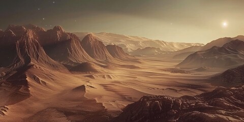 Awe-inspiring Martian terrain seen from above, featuring canyons and mountains in an otherworldly desert setting.