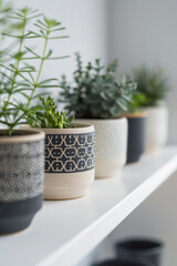 Obraz premium A series of minimalist ceramic plant pots with geometric patterns, arranged in a row on a white shelf, showcasing their modern aesthetic. 
