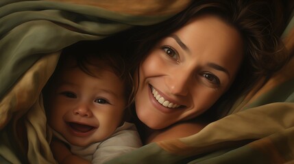 Heartfelt connection between mother and baby as they playfully hide under a blanket, their shared laughter echoing pure bliss.