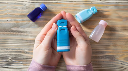 Patient's hands holding blue asthma inhaler with set of asthma/COPD inhalers on wood table. Pharmaceutical products for treat lung inflammation and relief asthma attack. Health and medical concept.