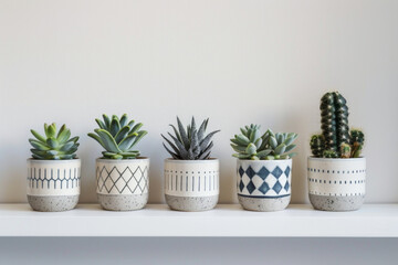 Obraz premium A series of minimalist ceramic plant pots with geometric patterns, arranged in a row on a white shelf, showcasing their modern aesthetic. 