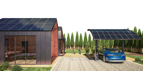 Energy Supply at a Family House With Solar Charging Station for Electric Car (isolated) - 3D Visualization