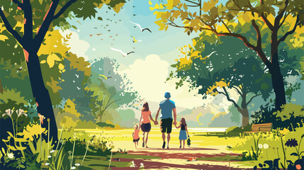 Happy family walking in park on summer day Vector style