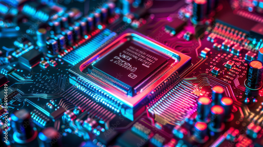 Aufkleber vivid close-up image of an illuminated, high-tech computer microchip in detail, showcasing advanced 