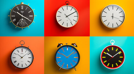 Set of wall clocks on colorful background