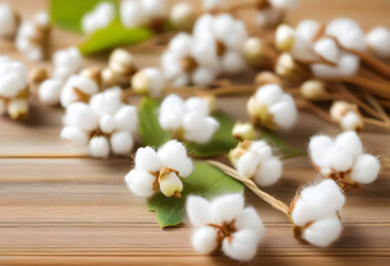 A close-up of white cotton flowers displayed on a wooden board