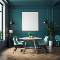  Meeting area or dining room with large black round table and teal cyan chairs. Empty wall turquoise azure paint color accent. Dinning modern kitchen interior home or café. Mockup for art. 3d render 