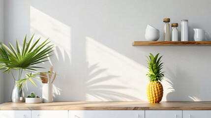 Shelf unit with pineapple and plant near white wall 