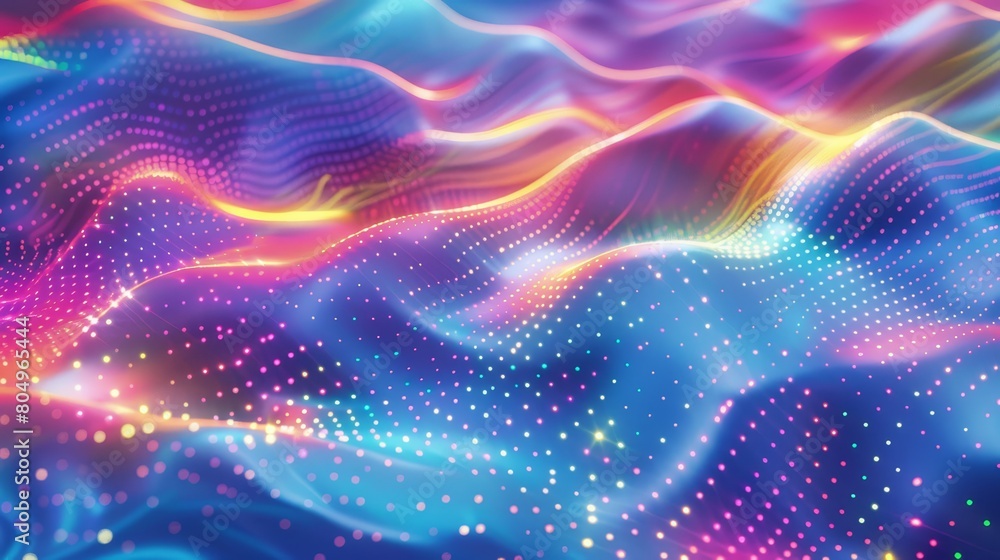 Poster a background in the style of 3d render, wavy and rippled dotted surface in shiny glowing material wi