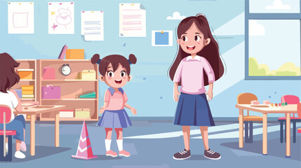 Happy little girl with pink school cone and teacher illustration