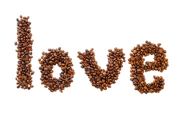 Letters made from roasted coffee beans. the word love from coffee, isolate background 