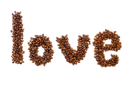 Letters made from roasted coffee beans. the word love from coffee, isolate background 