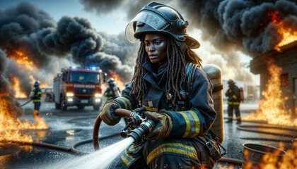 photorealistic image of a female African firefighter intensely focused while extinguishing a fire