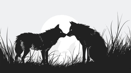 Wolves couple over grass in monochrome silhouette vector