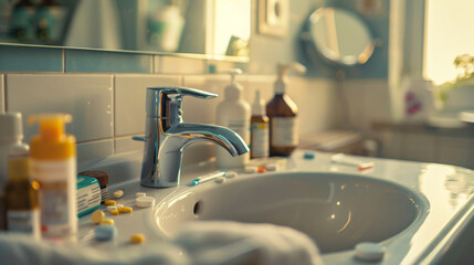 Sink with pregnancy test and pill bottles in bathroom - Powered by Adobe
