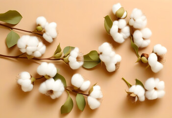 A flatlay of a branch with white cotton flowers on a beige background