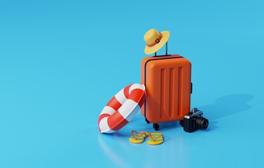 Suitcase, Camera, Flip Flops, Inflatable Swim Ring and Straw Hat for Travelers for Beach Summer. 3D Render