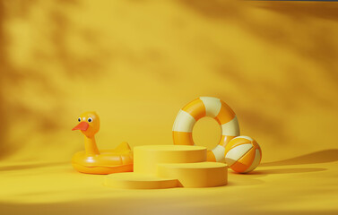 Rubber Duck Ring, olorful Rubber Ring and Inflatable Beach Ball, Summer Podium Background. 3D Render