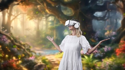 Impressive woman looking around through VR in wonderland maple leave falling in fairytale stream...