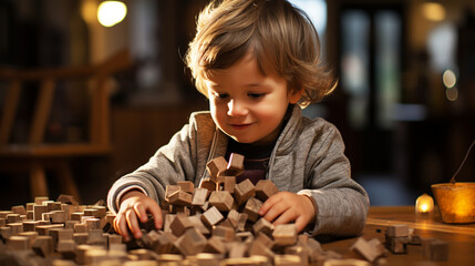 Little kid with Down syndrome playing with colorful blocks.