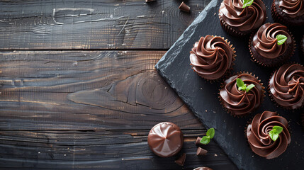 Slate plate with tasty chocolate cupcakes