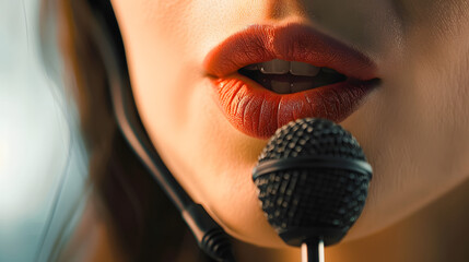Close-up of business woman's lips with microphone