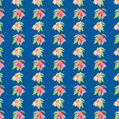 Fototapeta premium Summer background daisy bee turquoise backdrop summer pink meadow flowers ornament template packaging wallpaper chintz cambric muslin