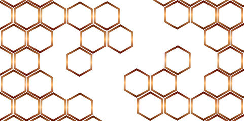 White Hexagonal background with golden light. Hexagon technology white and gold colored honeycomb abstract background. Dark 3d geometric texture illustration. Bright grid pattern. 