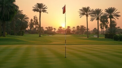 Tranquil Sunset over Lush Golf Course Oasis with Flagpole Silhouette