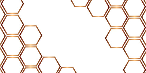 White Hexagonal background with golden light. Hexagon technology white and gold colored honeycomb abstract background. Dark 3d geometric texture illustration. Bright grid pattern. 