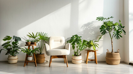 Soft armchair and wooden tables with houseplants near