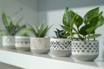 A series of minimalist ceramic plant pots with geometric patterns, arranged in a row on a white shelf, showcasing their modern aesthetic. 